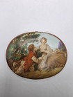 Vintage Boucher Style Romantic Scene Hinged Brass Frame Porcelain Trinket Box