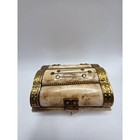 Vintage Camel Bone Brass Inlay Jewelry Box Royal Blue Velvet Trinket Box